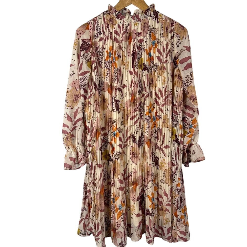 Illa Illa Floral Puff Sleeve Pleated High Neck Tunic‎ Mini Dress Multi Size XS